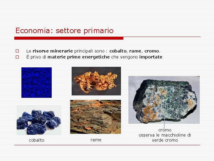 Economia: settore primario o o Le risorse minerarie principali sono : cobalto, rame, cromo.