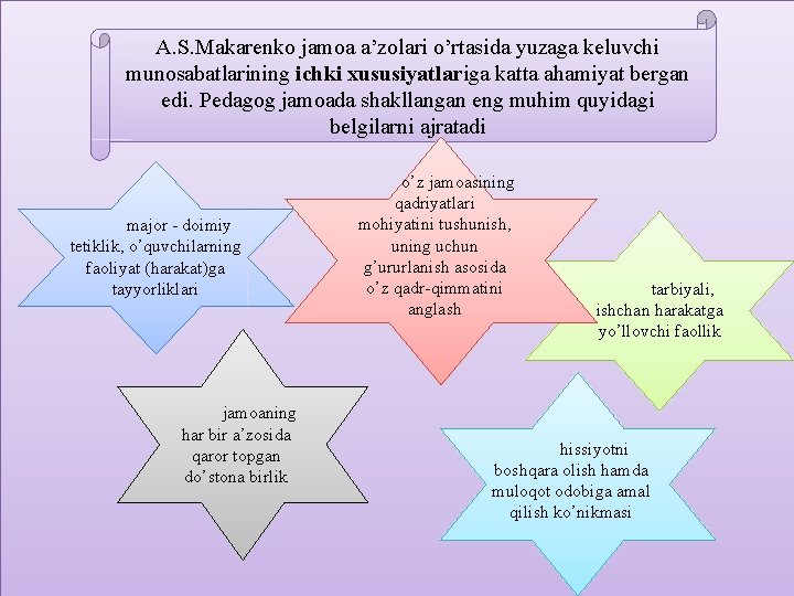 A. S. Makarenko jamoa a’zolari o’rtasida yuzaga keluvchi munosabatlarining ichki xususiyatlariga katta ahamiyat bergan