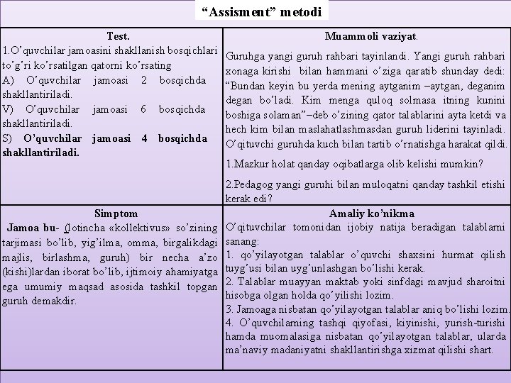 “Assisment” metodi Test. 1. O’quvchilar jamoasini shakllanish bosqichlari to’g’ri ko’rsatilgan qatorni ko’rsating A) O’quvchilar