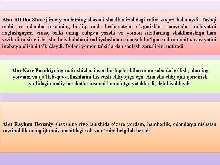  Abu Ali ibn Sino ijtimoiy muhitning shaxsni shakllantirishdagi rolini yuqori baholaydi. Tashqi muhit