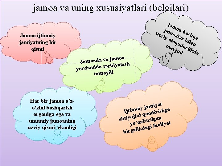 jamoa va uning xususiyatlari (belgilari) Jamoa ijtimoiy jamiyatning bir qismi jamoa Jamoada va rbiyalash