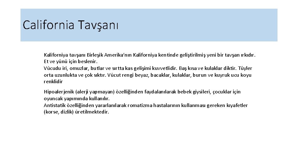 California Tavşanı Kaliforniya tavşanı Birleşik Amerika’nın Kaliforniya kentinde geliştirilmiş yeni bir tavşan ırkıdır. Et