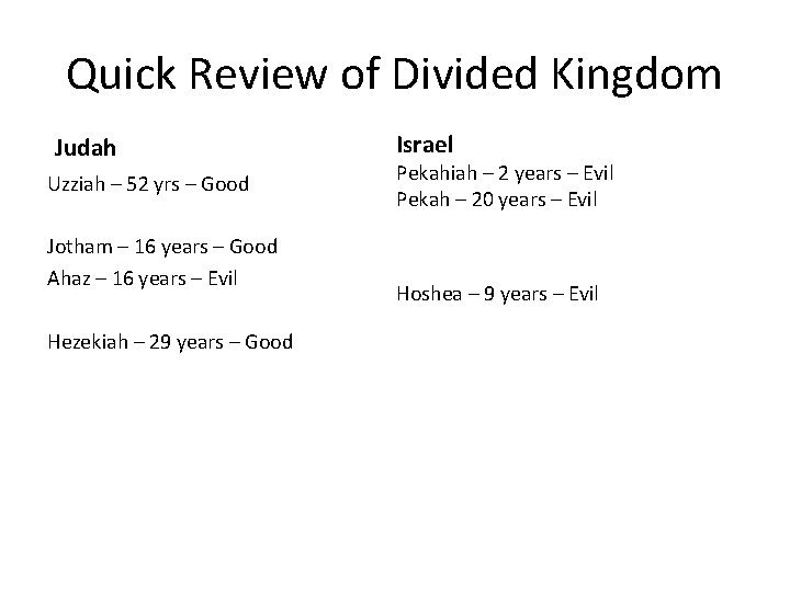 Quick Review of Divided Kingdom Judah Uzziah – 52 yrs – Good Jotham –