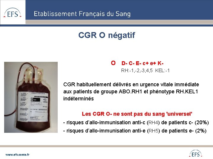 CGR O négatif O D- C- E- c+ e+ K- RH: -1, -2, -3,