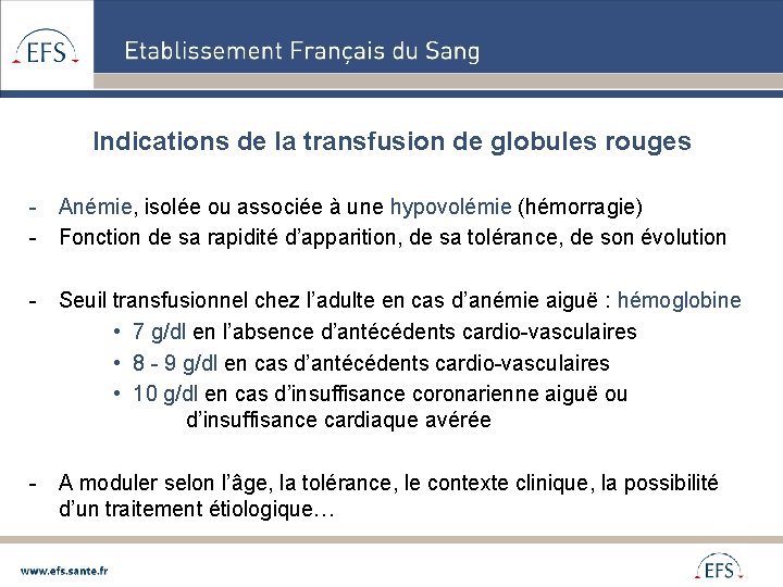 Indications de la transfusion de globules rouges - Anémie, isolée ou associée à une