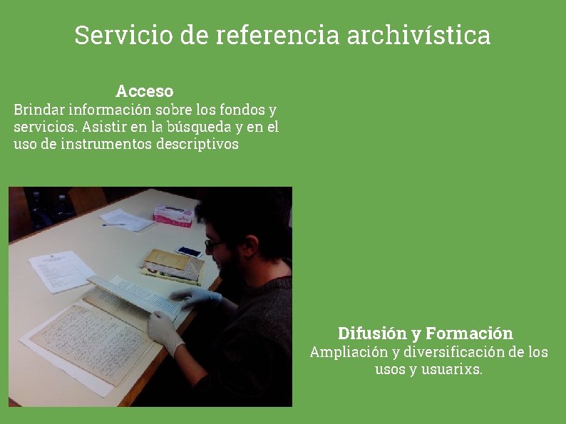 Servicio de referencia archivística Acceso Brindar información sobre los fondos y servicios. Asistir en