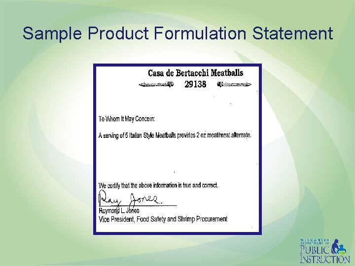 Sample Product Formulation Statement 