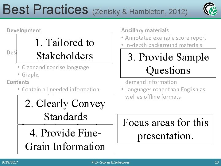 Best Practices (Zenisky & Hambleton, 2012) Development • Tailored to stakeholder groups • Field