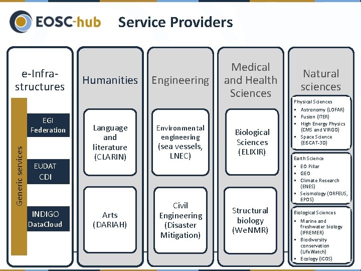 Service Providers e-Infrastructures Generic services EGI Federation EUDAT Humanities Language and literature (CLARIN) Engineering