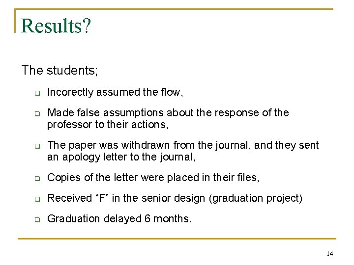 Results? The students; q q q Incorectly assumed the flow, Made false assumptions about