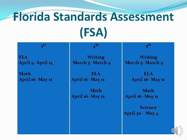 Florida Standards Assessment (FSA) 3 rd 4 th ELA April 9 - April 13