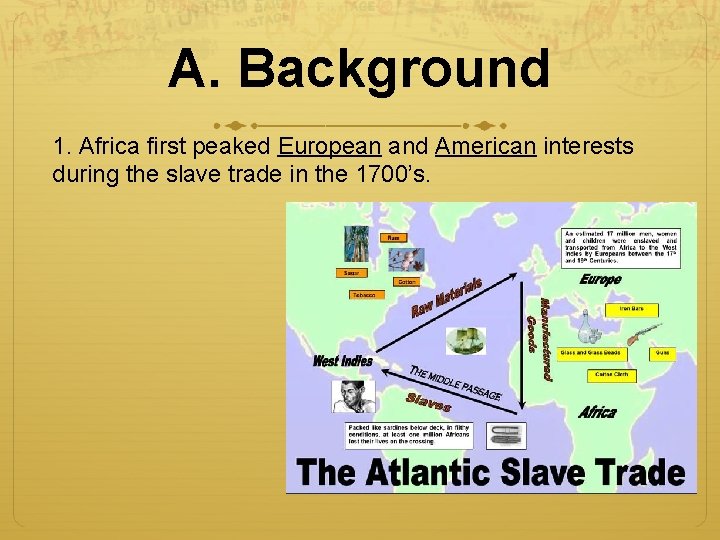 A. Background 1. Africa first peaked European and American interests during the slave trade