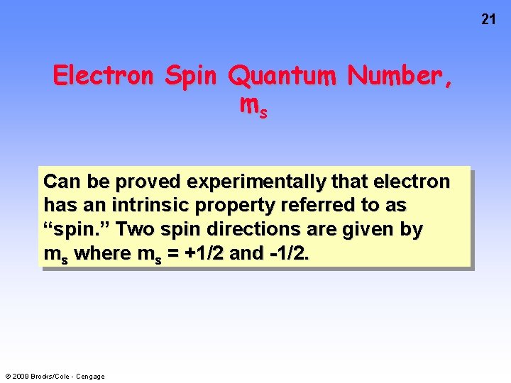 21 Electron Spin Quantum Number, ms Can be proved experimentally that electron has an