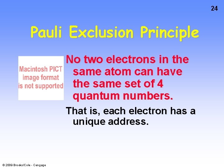 24 Pauli Exclusion Principle No two electrons in the same atom can have the