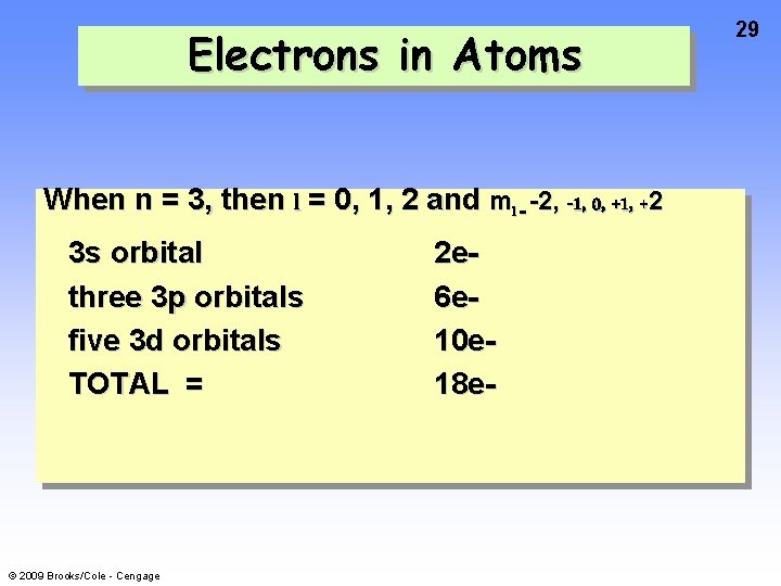 Electrons in Atoms When n = 3, then l = 0, 1, 2 and