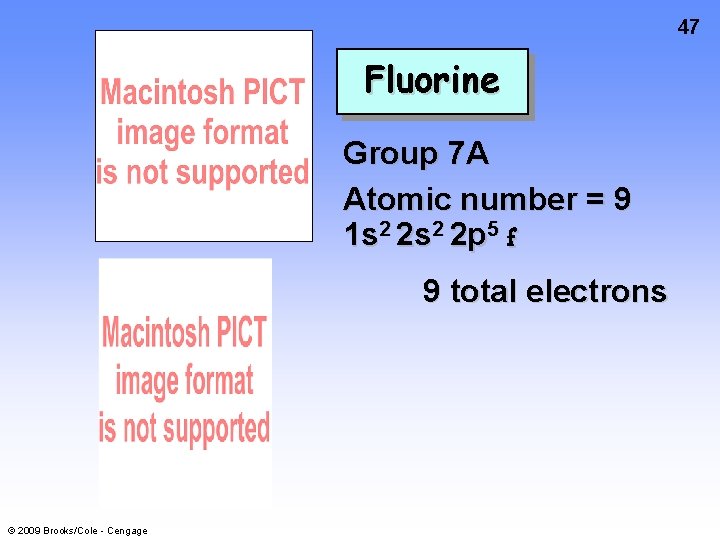 47 Fluorine Group 7 A Atomic number = 9 1 s 2 2 p
