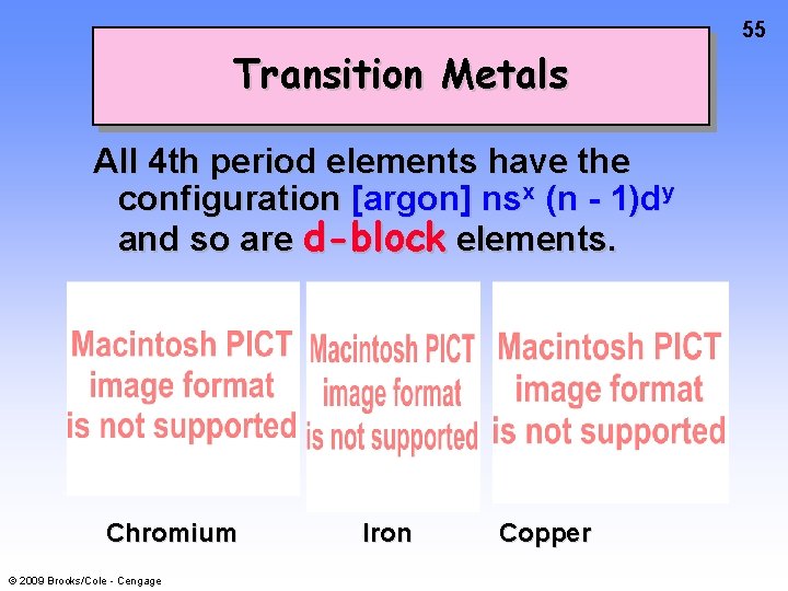 55 Transition Metals All 4 th period elements have the configuration [argon] nsx (n
