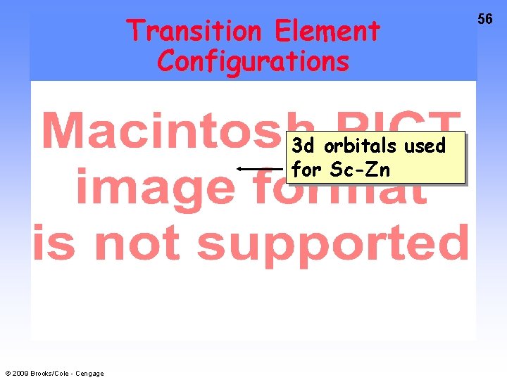 Transition Element Configurations 3 d orbitals used for Sc-Zn © 2009 Brooks/Cole - Cengage