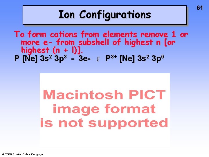 Ion Configurations To form cations from elements remove 1 or more e- from subshell