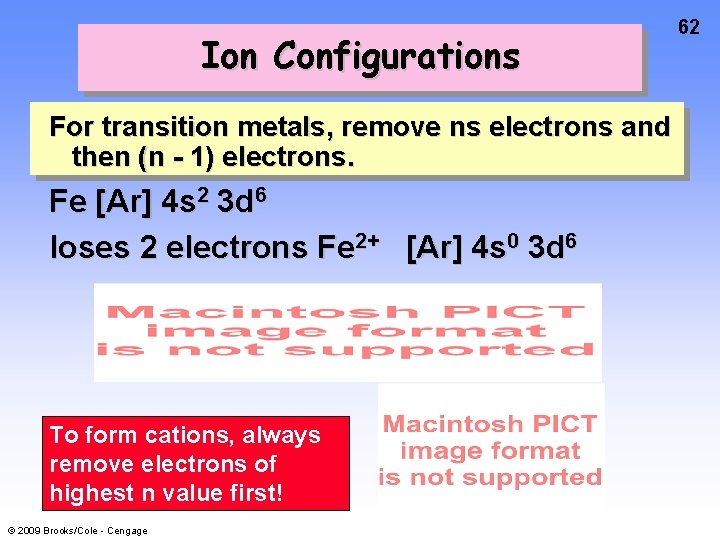 Ion Configurations For transition metals, remove ns electrons and then (n - 1) electrons.