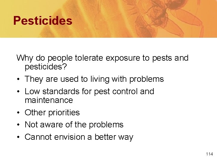 Pesticides Why do people tolerate exposure to pests and pesticides? • They are used