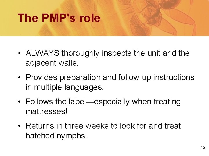 The PMP's role • ALWAYS thoroughly inspects the unit and the adjacent walls. •