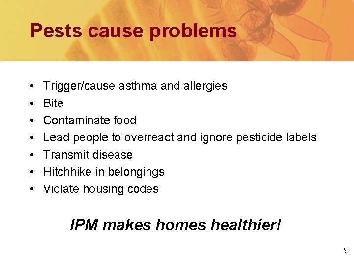 Pests cause problems • • Trigger/cause asthma and allergies Bite Contaminate food Lead people