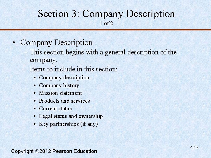 Section 3: Company Description 1 of 2 • Company Description – This section begins