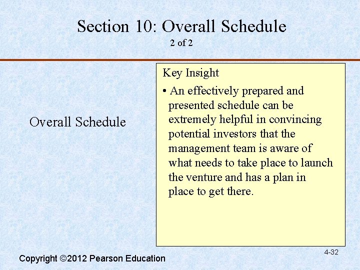 Section 10: Overall Schedule 2 of 2 Overall Schedule Key Insight • An effectively