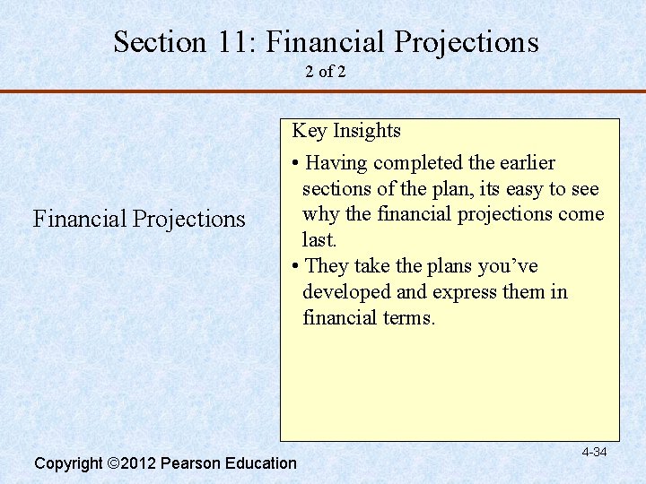 Section 11: Financial Projections 2 of 2 Financial Projections Key Insights • Having completed