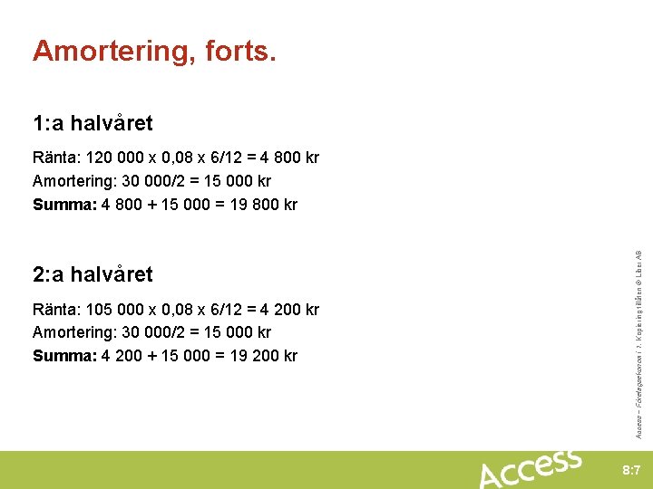 Amortering, forts. 1: a halvåret 2: a halvåret Ränta: 105 000 x 0, 08