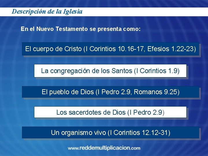 Descripción de la Iglesia En el Nuevo Testamento se presenta como: El cuerpo de