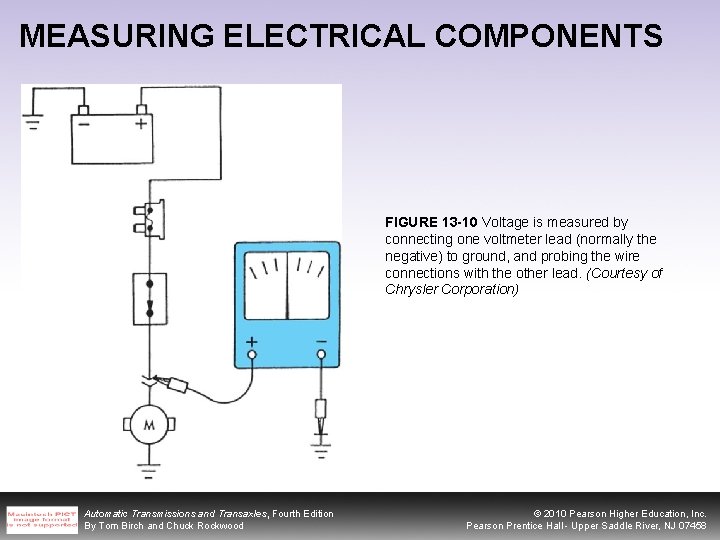 MEASURING ELECTRICAL COMPONENTS FIGURE 13 -10 Voltage is measured by connecting one voltmeter lead