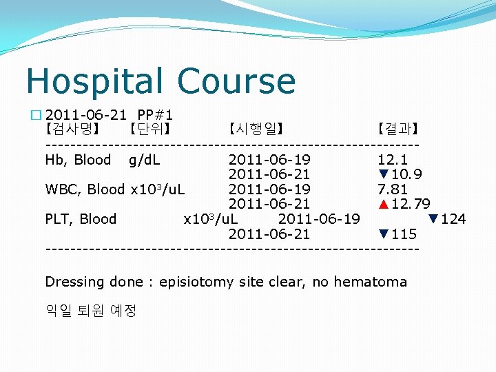 Hospital Course � 2011 -06 -21 PP#1 【검사명】 【단위】 【시행일】 【결과】 ------------------------------Hb, Blood g/d.