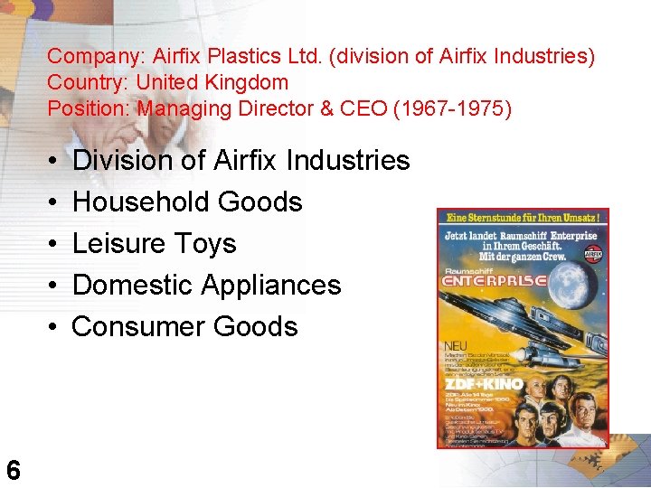 Company: Airfix Plastics Ltd. (division of Airfix Industries) Country: United Kingdom Position: Managing Director