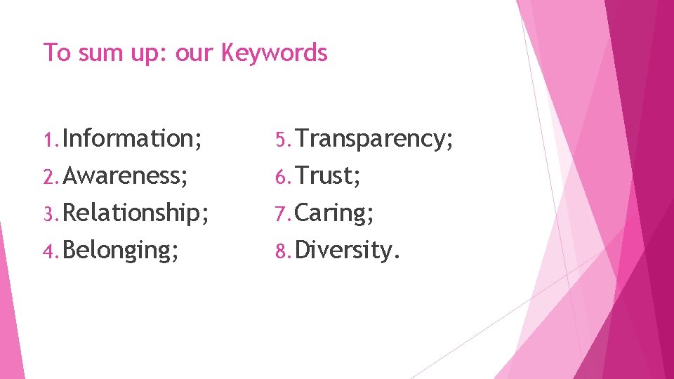 To sum up: our Keywords 1. Information; 5. Transparency; 2. Awareness; 6. Trust; 3. To sum up: our Keywords 1. Information; 5. Transparency; 2. Awareness; 6. Trust; 3.