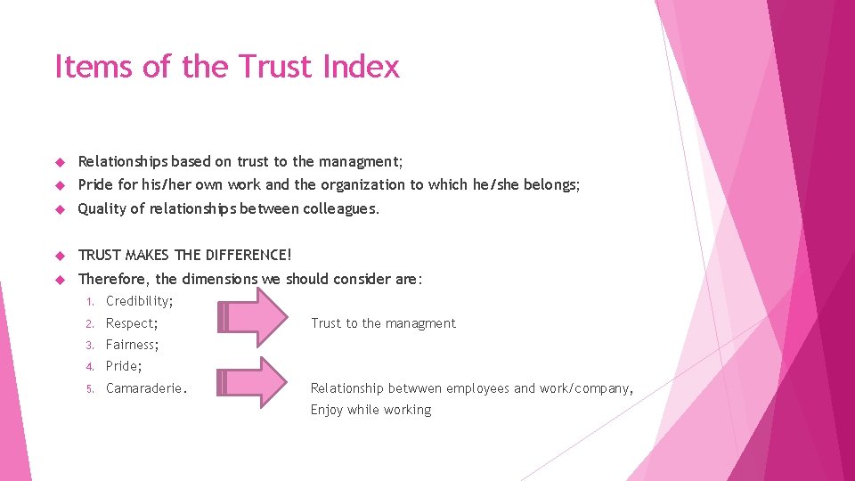 Items of the Trust Index Relationships based on trust to the managment; Pride for Items of the Trust Index Relationships based on trust to the managment; Pride for