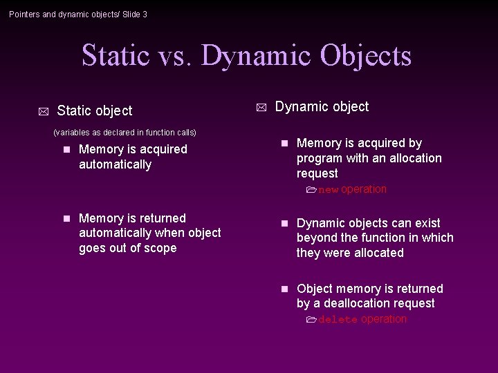 Pointers and dynamic objects/ Slide 3 Static vs. Dynamic Objects * Static object *