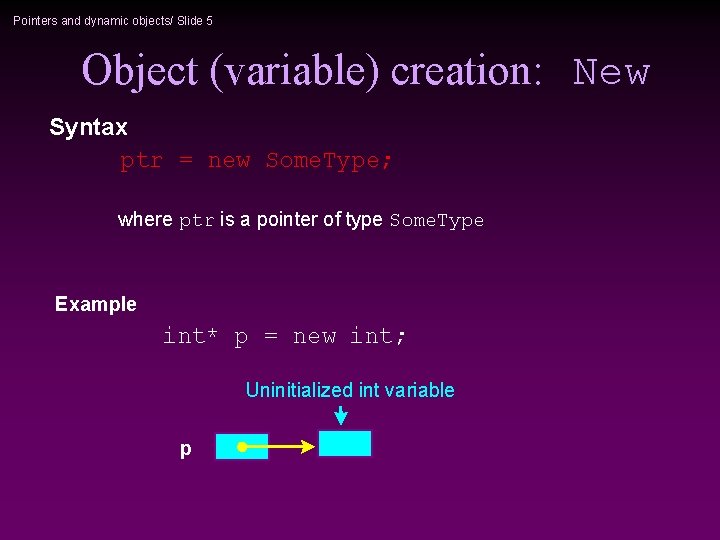 Pointers and dynamic objects/ Slide 5 Object (variable) creation: New Syntax ptr = new