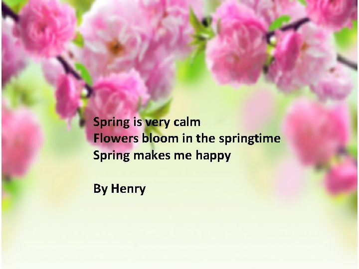 Spring is very calm Flowers bloom in the springtime Spring makes me happy By