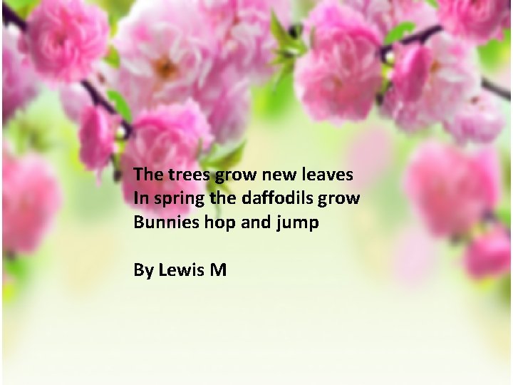 The trees grow new leaves In spring the daffodils grow Bunnies hop and jump