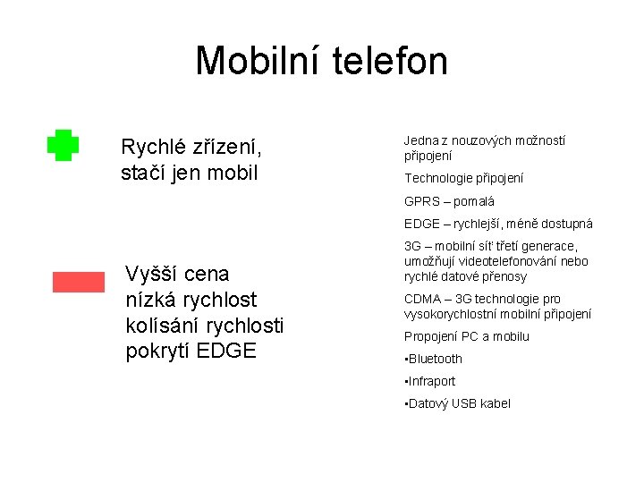 Mobilní telefon Rychlé zřízení, stačí jen mobil Jedna z nouzových možností připojení Technologie připojení