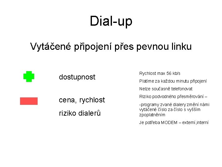 Dial-up Vytáčené připojení přes pevnou linku dostupnost Rychlost max 56 kb/s Platíme za každou