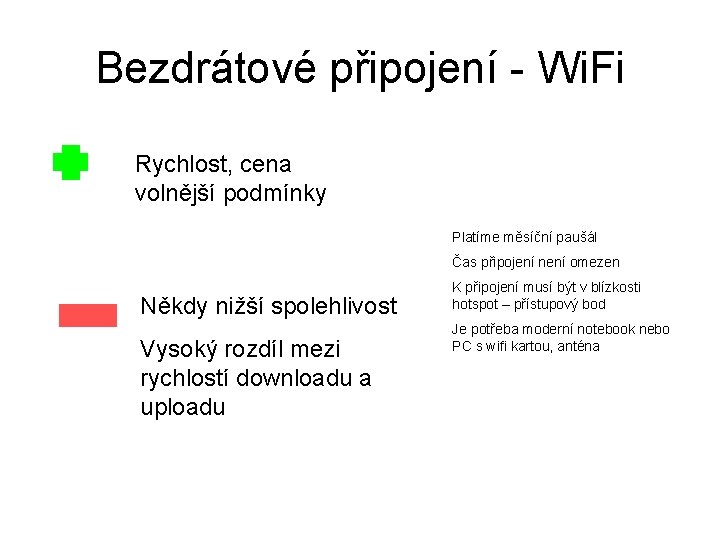 Bezdrátové připojení - Wi. Fi Rychlost, cena volnější podmínky Platíme měsíční paušál Čas připojení