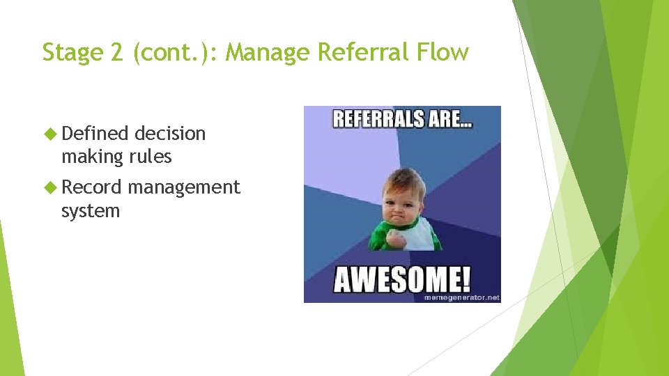 Stage 2 (cont. ): Manage Referral Flow Defined decision making rules Record system management