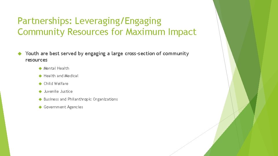 Partnerships: Leveraging/Engaging Community Resources for Maximum Impact Youth are best served by engaging a