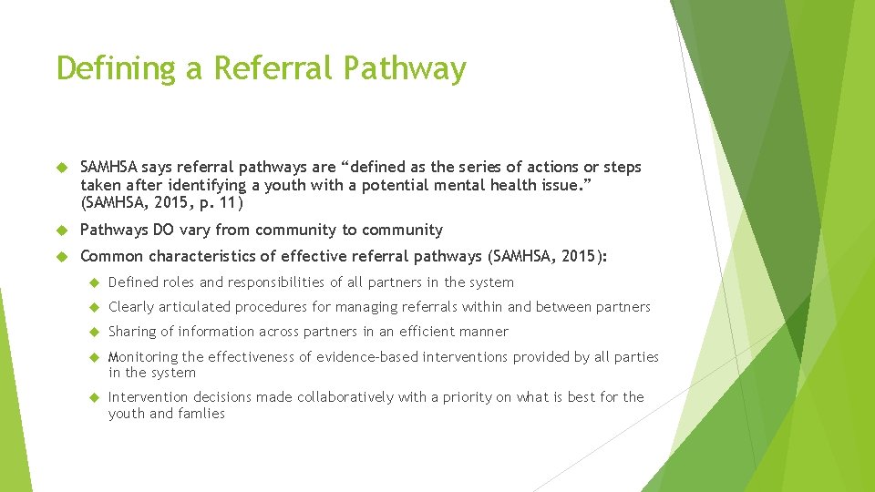 Defining a Referral Pathway SAMHSA says referral pathways are “defined as the series of