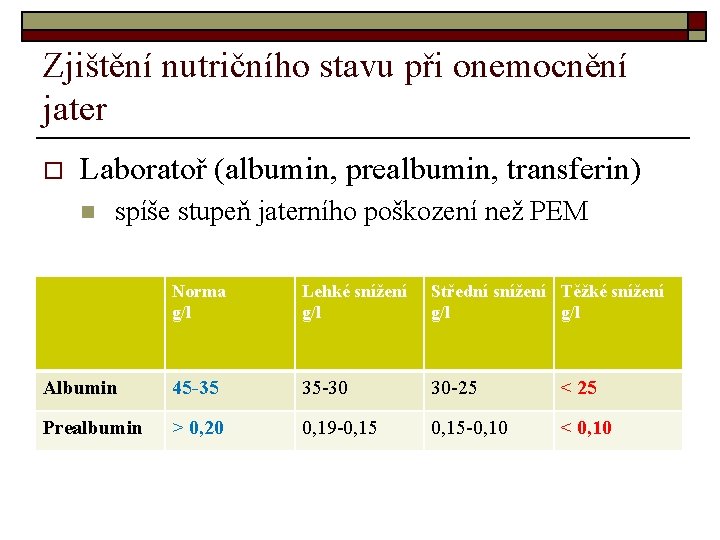 Zjištění nutričního stavu při onemocnění jater o Laboratoř (albumin, prealbumin, transferin) n spíše stupeň