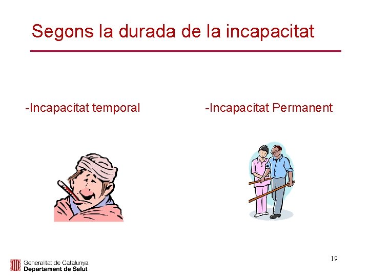 Segons la durada de la incapacitat -Incapacitat temporal -Incapacitat Permanent 19 