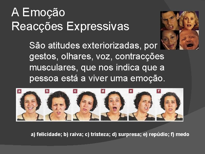 A Emoção Reacções Expressivas São atitudes exteriorizadas, por gestos, olhares, voz, contracções musculares, que